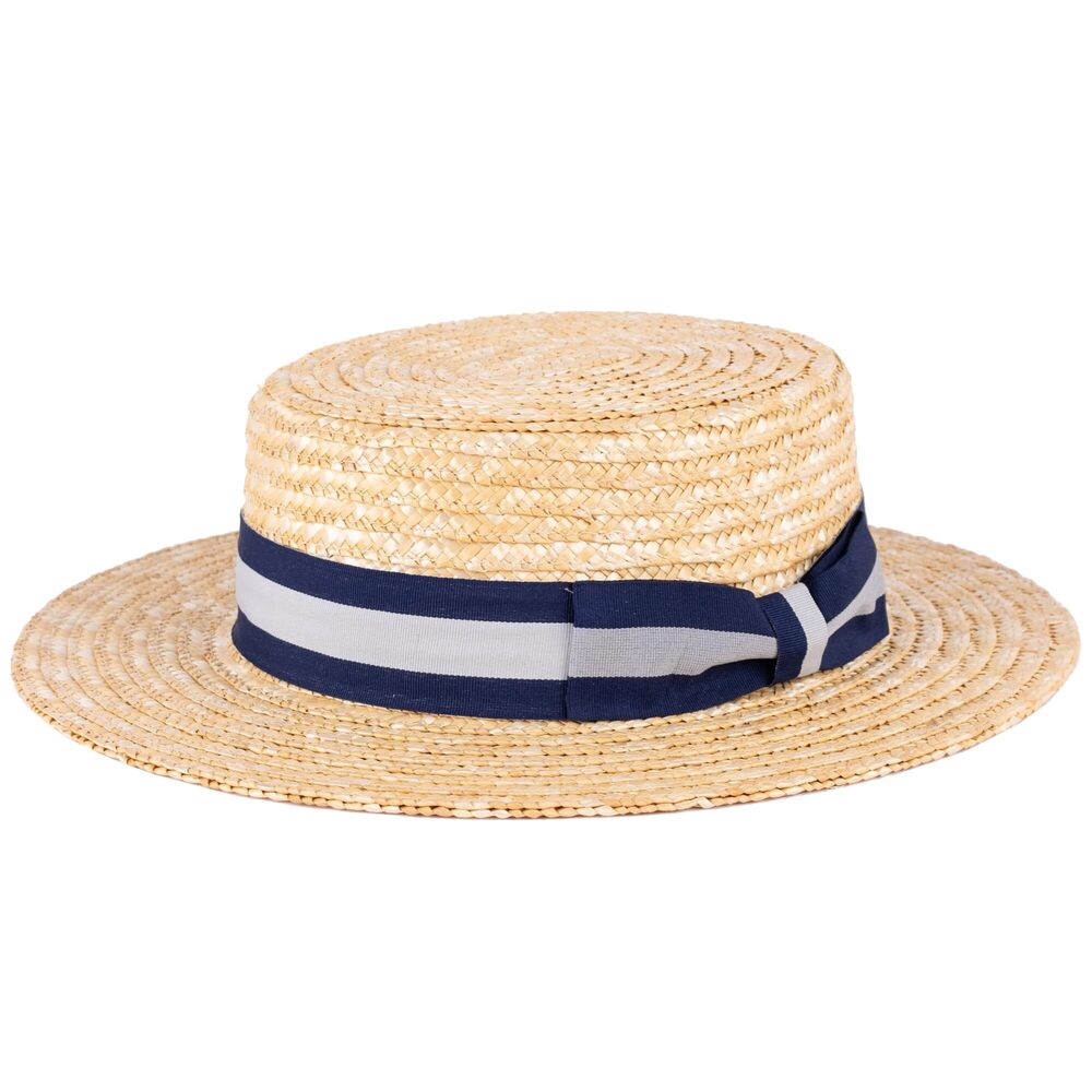 4324 Classic Straw Boater Hat Handmade from Natural Straw Navy-Grey Band